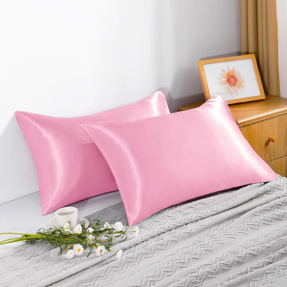2 Silk Pillowcases - Solid Color, 51 x 102 cm & Multiple Sizes Available, Wrinkle Resistant, Fade Resistant, Durable, Glossy, Breathable, Cooling Bedding, Temperature-Regulating, Soft Comfortable Silk Fabric Pillowcases