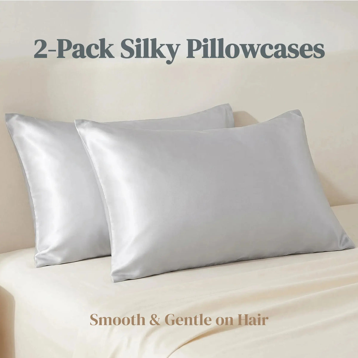 Bedsum Silk-Like Solid Satin Pillowcases - 2-Piece All Seasons Bed Linens, Flat Weave, Wrinkle-Resistant, Smooth, Gentle, Ultra-Soft, Cooling Bedding, Envelope Fit, Hair & Skin Care, Beauty Sleep Bed Accessories