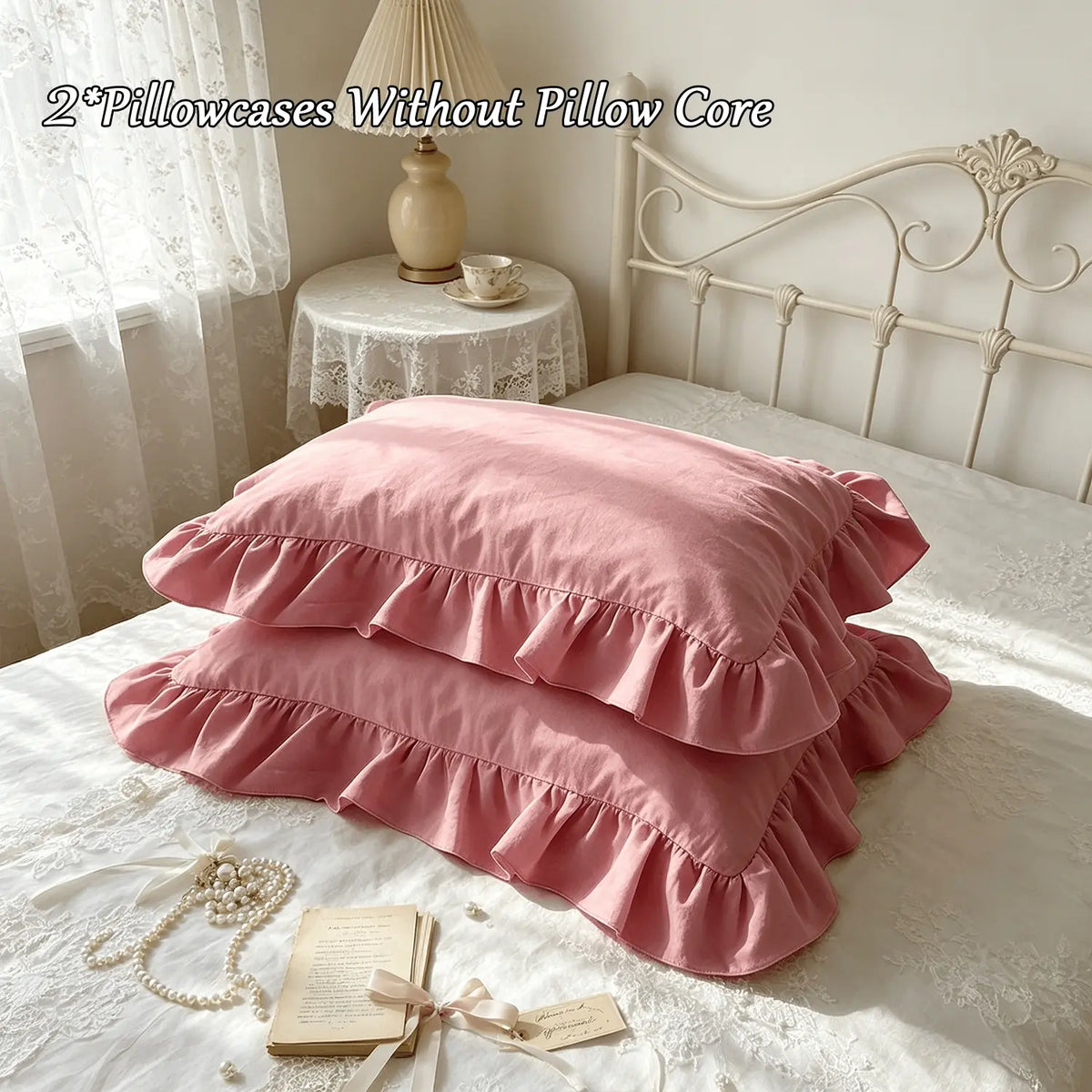 2 Piece French Vintage Ruffled Pillowcases, No pillow core Soft Comfortable Breathable Skin-Friendly, All-Season Use, Bedroom Sofa Home Decor (no Pillows)