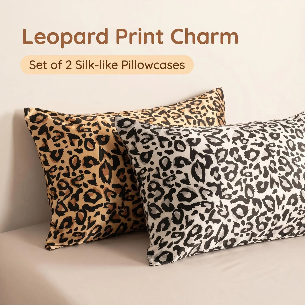 Bedsum 2-Pack 300 TC Polyester Satin Animal Printed Pillowcases, Wrinkle Resistant European Leopard Envelope Covers, Cooling Frictionless Skin-Friendly Bedding for Hair & Skin Care, Durable Breathable All-Seasons Bedroom Inspo Night Routine Decor