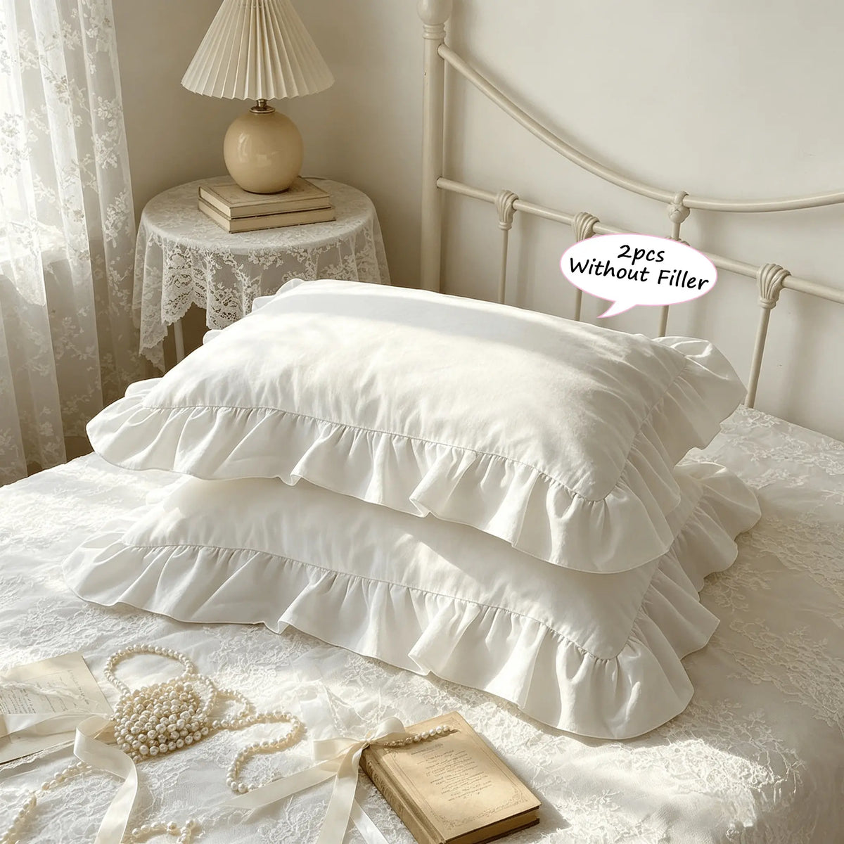 2 Piece French Vintage Ruffled Pillowcases, No pillow core Soft Comfortable Breathable Skin-Friendly, All-Season Use, Bedroom Sofa Home Decor (no Pillows)