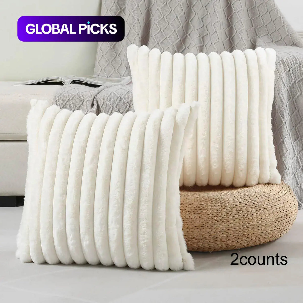 Solid-Color Faux Fur Throw Pillow Covers, 2 Count, Cozy Soft Decorative Cushion Covers without Filler for Home Living Room Sofa