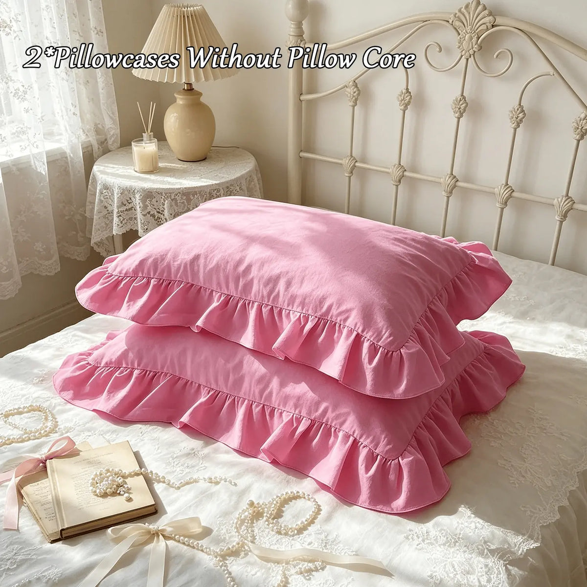 2 Piece French Vintage Ruffled Pillowcases, No pillow core Soft Comfortable Breathable Skin-Friendly, All-Season Use, Bedroom Sofa Home Decor (no Pillows)