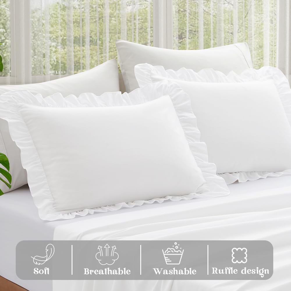 KKJIAF Ruffle Pillow Cases Standard Size Set of 2, White