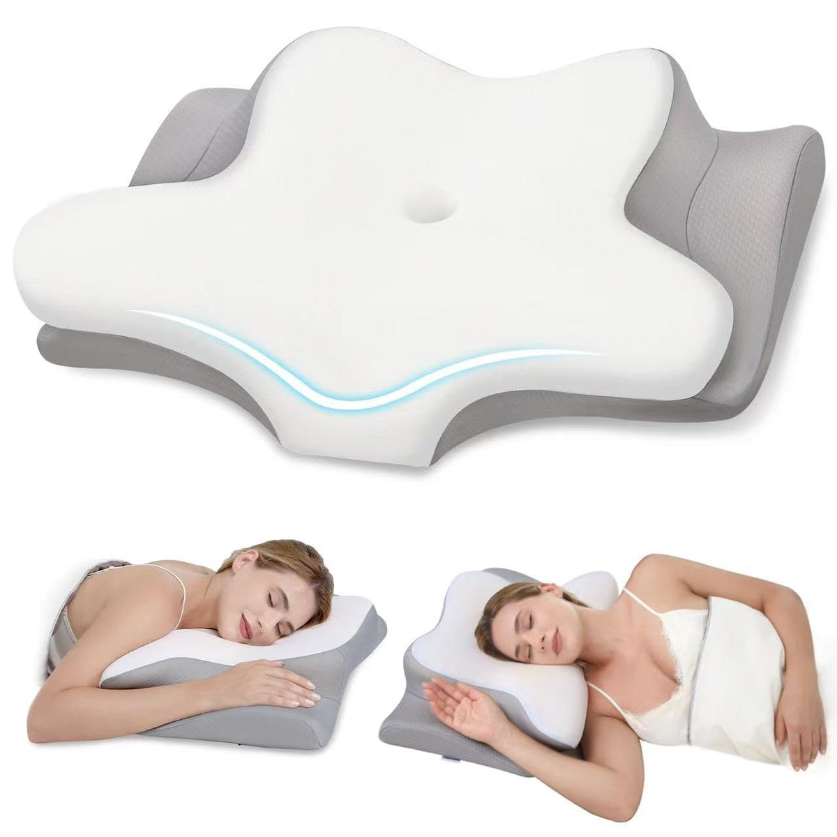 Cervical Neck Pillow, Memory Foam Pillows for Neck and Shoulder Pain Relief, 2 Heights Ergonomic Pillow with Breathable Ice Silk Cover, Neck Support Pillow for Side Sleepers,White