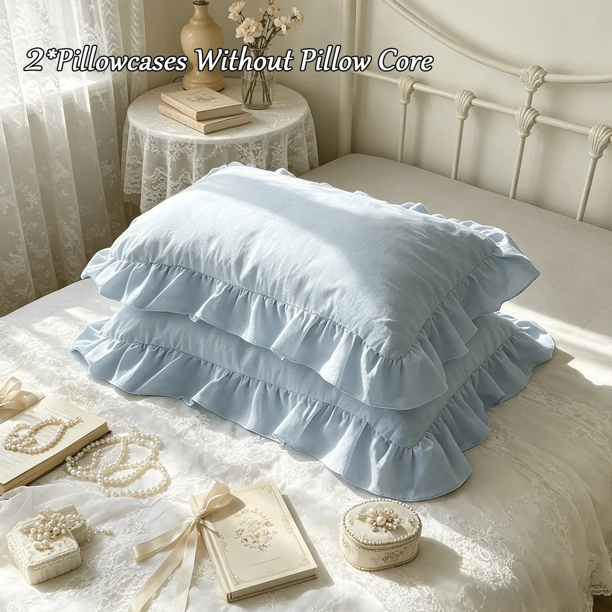 2 Piece French Vintage Ruffled Pillowcases, No pillow core Soft Comfortable Breathable Skin-Friendly, All-Season Use, Bedroom Sofa Home Decor (no Pillows)