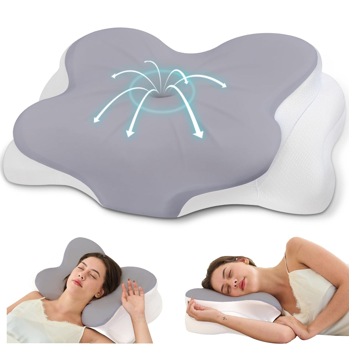 Cervical Neck Pillow,Memory Foam Pillow with Dual Height, Grey