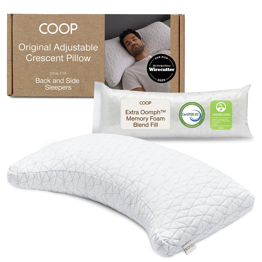 Coop Home Goods Original Crescent Adjustable Pillow, Queen Bed Pillows for Shoulder, Neck & Head Support, Crescent Foam Pillows - Medium Firm for Back & Side Sleeper, CertiPUR-US/GREENGUARD Gold