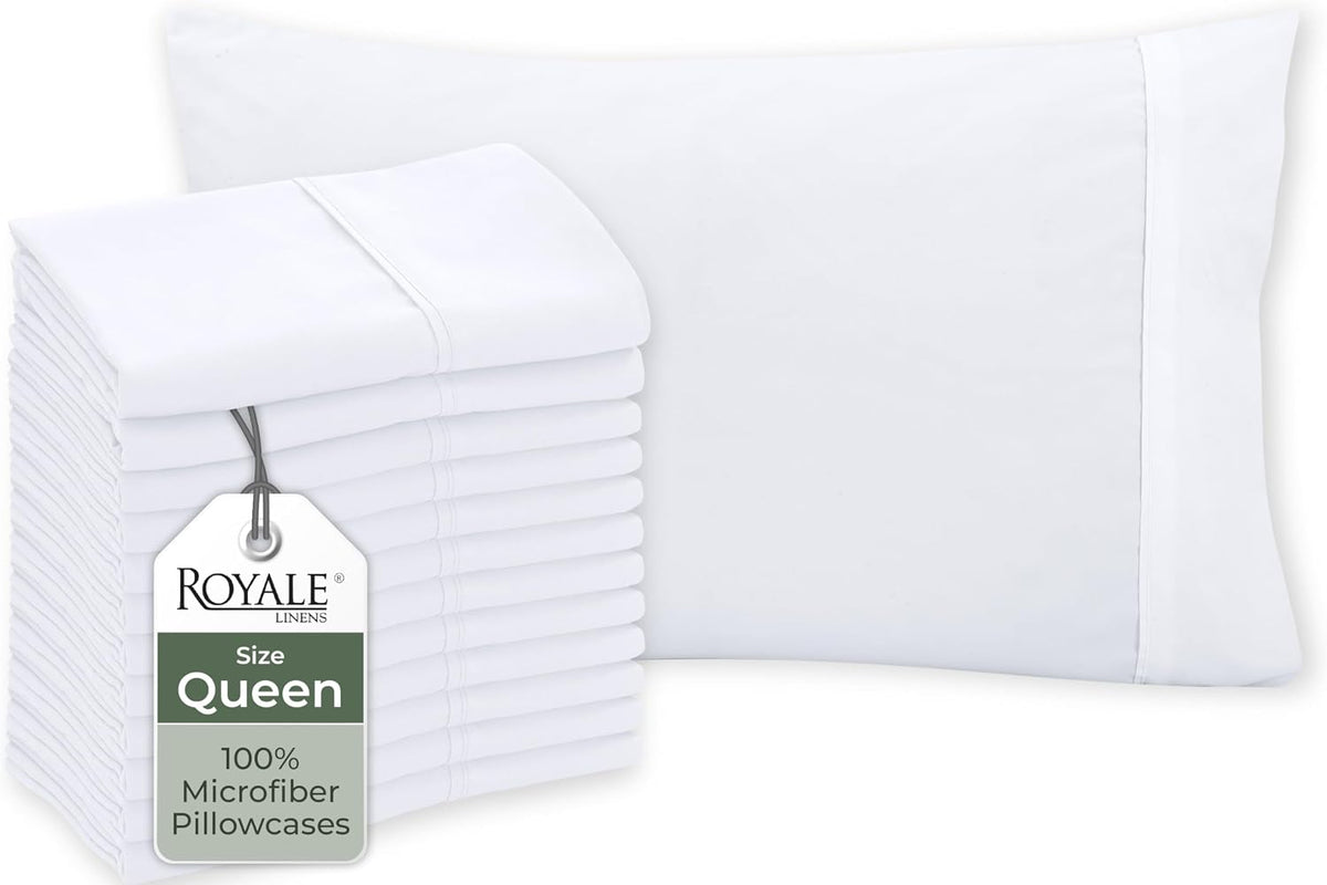 Royale Linens White Pillowcase Set of 12 - Queen 20"x30" Bed Pillow Cover - 1800 Brushed Microfiber - Wrinkle & Fade Resistant - Bulk Pillow Cases - Hotel Quality Pillowcase 12 Pack (Queen, White)
