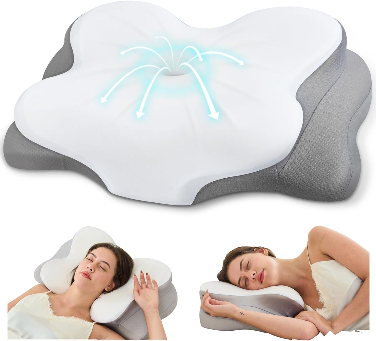Cervical Neck Pillow, Memory Foam Pillow with Dual Height, White