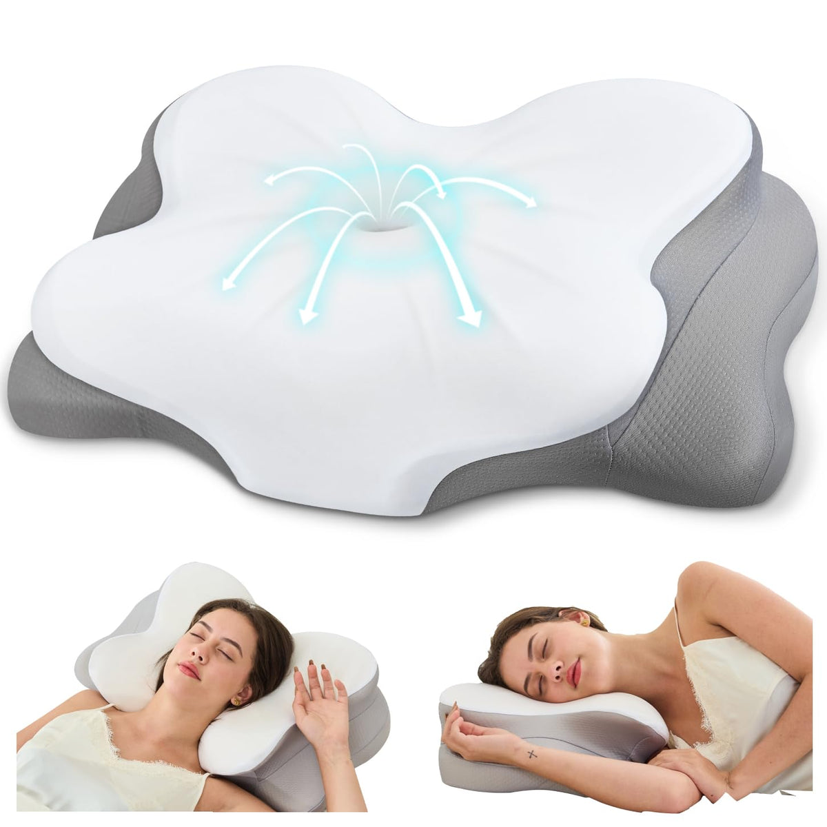 Cervical Neck Pillow, Memory Foam Pillow with Dual Height, White