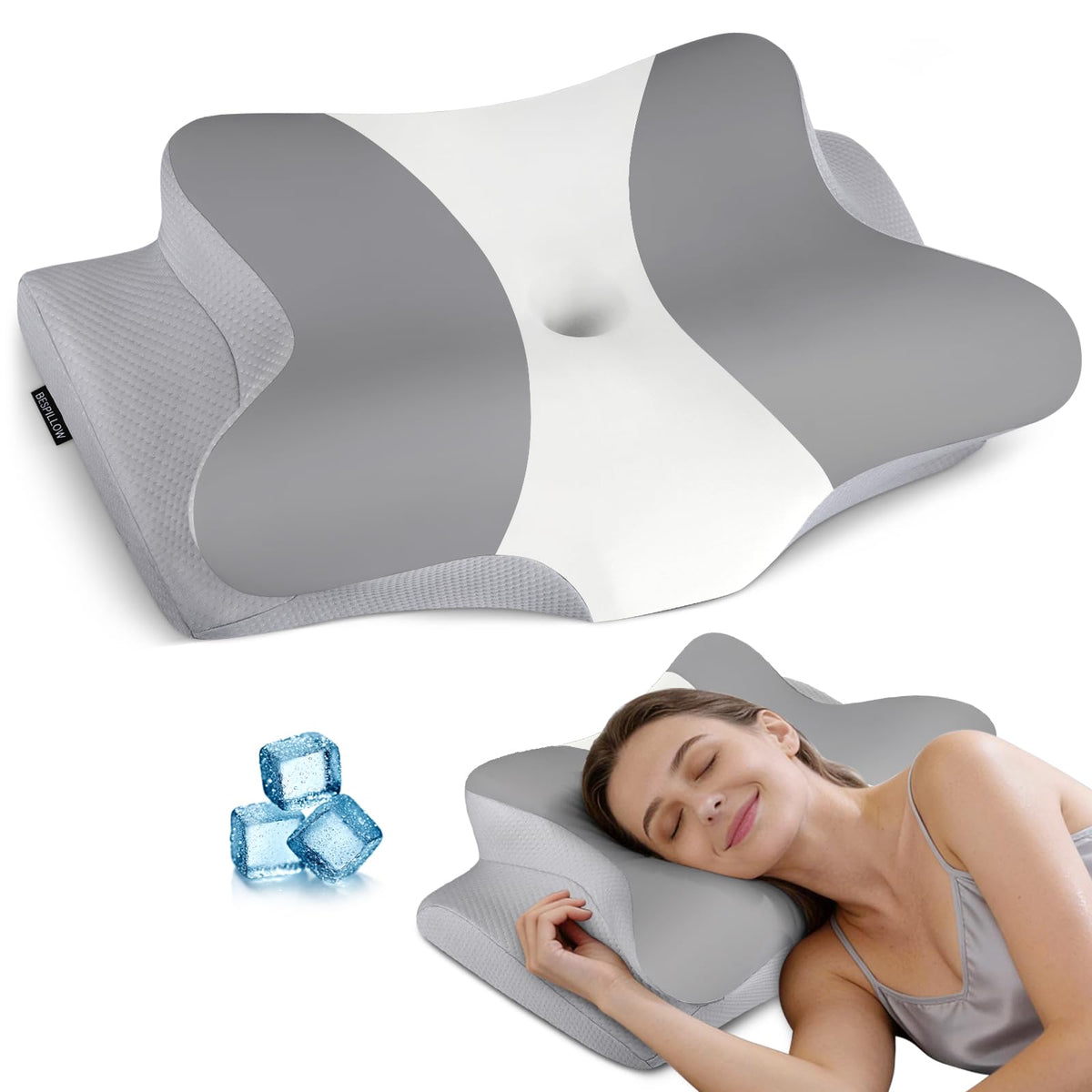 Cervical Pillow for Neck Pain Relief, Ergonomic Neck Pillow for Sleeping, Contour Side Sleeper Pillow for Neck Support, Orthopedic Cooling Memory Foam Pillows for Back Stomach Sleepers (Grey& White)