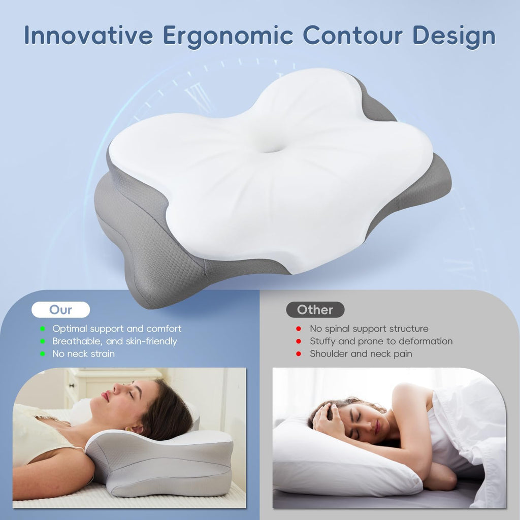 Cervical Neck Pillow, Memory Foam Pillow with Dual Height, White