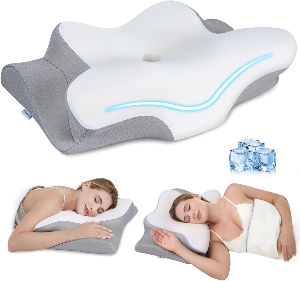 Cervical Neck Pillow, Memory Foam Pillows for Neck and Shoulder Pain Relief, 2 Heights Ergonomic Pillow with Breathable Ice Silk Cover, Neck Support Pillow for Side Sleepers,White