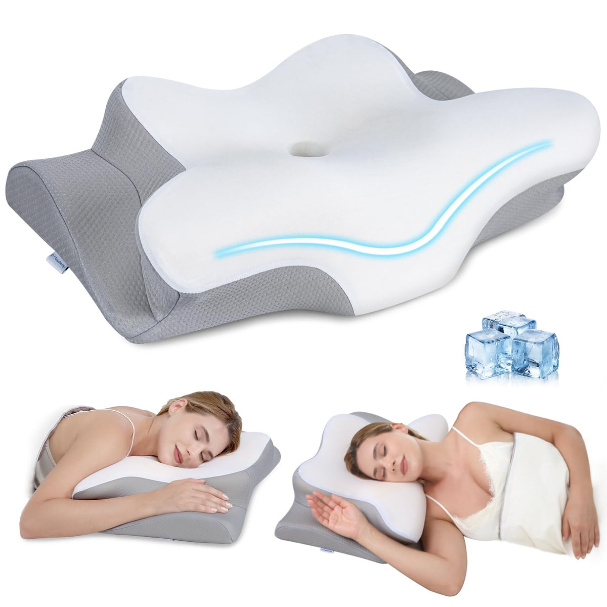 Cervical Neck Pillow, Memory Foam Pillows for Neck and Shoulder Pain Relief, 2 Heights Ergonomic Pillow with Breathable Ice Silk Cover, Neck Support Pillow for Side Sleepers,White