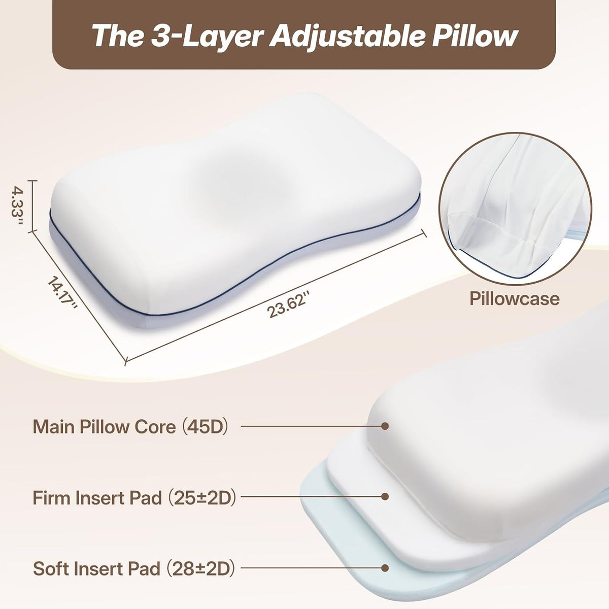 Cervical Neck Pillow, Adjustable Memory Foam for Neck Support, White
