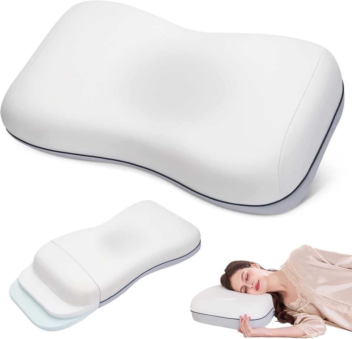 Cervical Neck Pillow, Adjustable Memory Foam for Neck Support, White