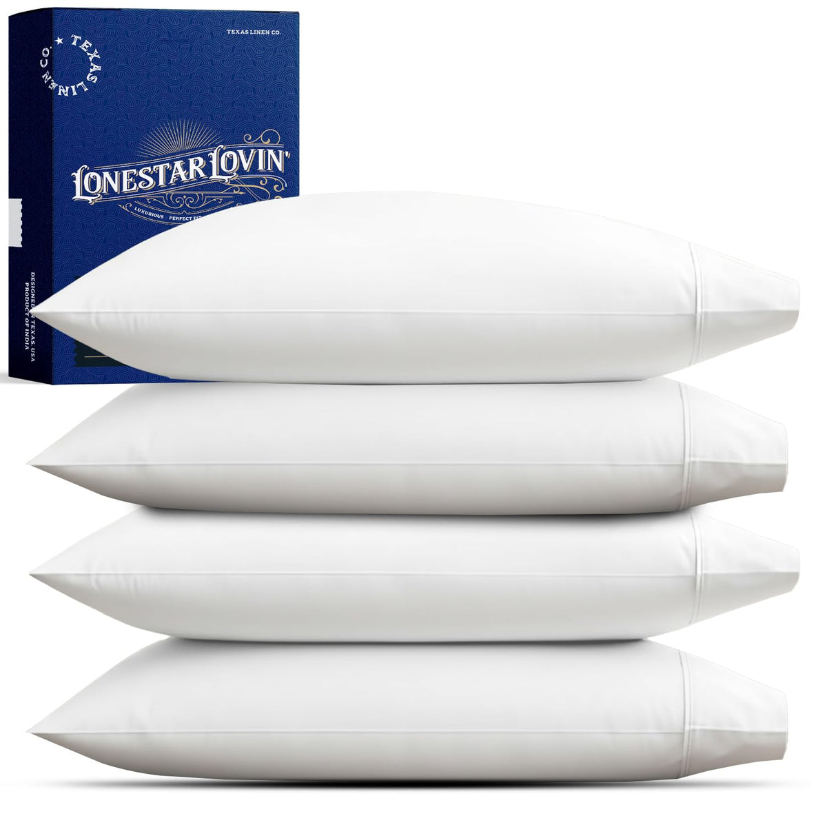 TEXAS LINEN CO. Luxury Egyptian Cotton King White Pillow Cases Set of 2-1000 Series Lonestar Lovin' Collection Pillowcases for Sleeping, Cooling Pillow Cover, Extra Long Staple Hotel Pillowcases