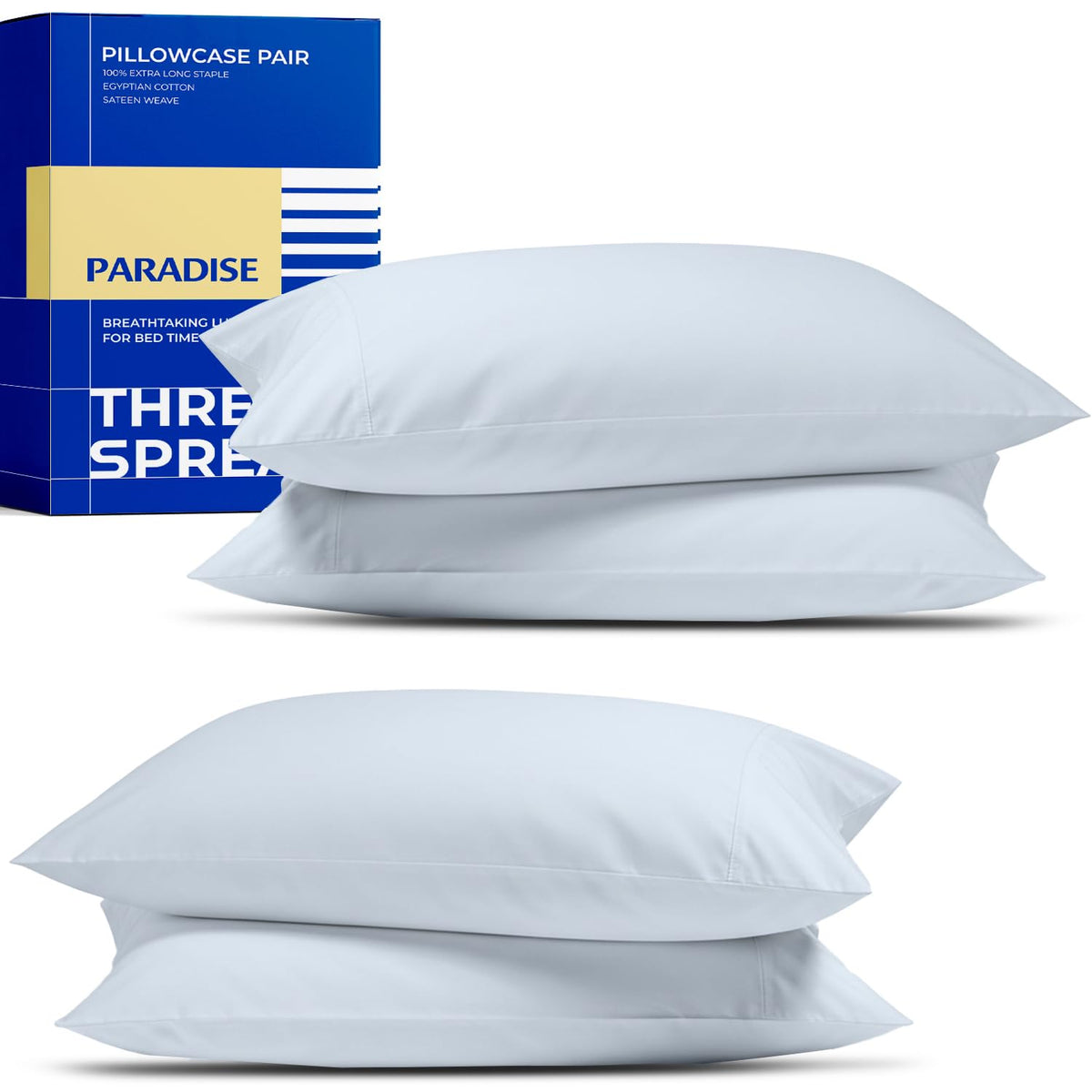 Thread Spread 100% Egyptian Cotton Pillow Cases Queen Size Set of 2 - Luxury 1000 Series Paradise Collection Queen Pillow Cases (White), Soft Cooling Sateen Hotel Egyptian Cotton Pillowcases