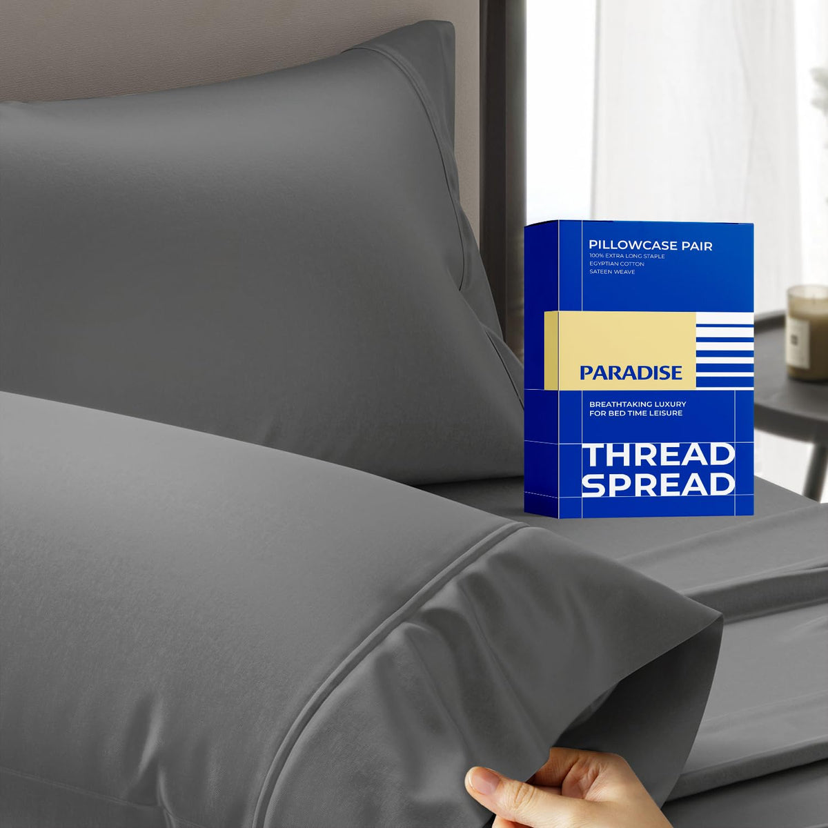 Thread Spread 100% Egyptian Cotton Pillow Cases Queen Size Set of 2 - Luxury 1000 Series Paradise Collection Queen Pillow Cases (White), Soft Cooling Sateen Hotel Egyptian Cotton Pillowcases