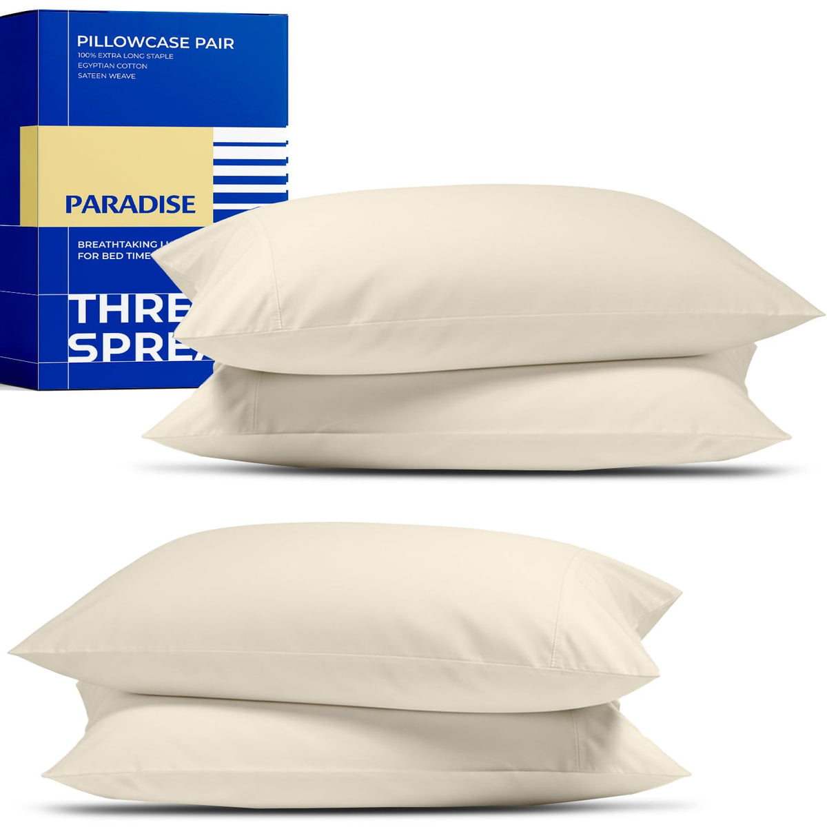 Thread Spread 100% Egyptian Cotton Pillow Cases Queen Size Set of 2 - Luxury 1000 Series Paradise Collection Queen Pillow Cases (White), Soft Cooling Sateen Hotel Egyptian Cotton Pillowcases