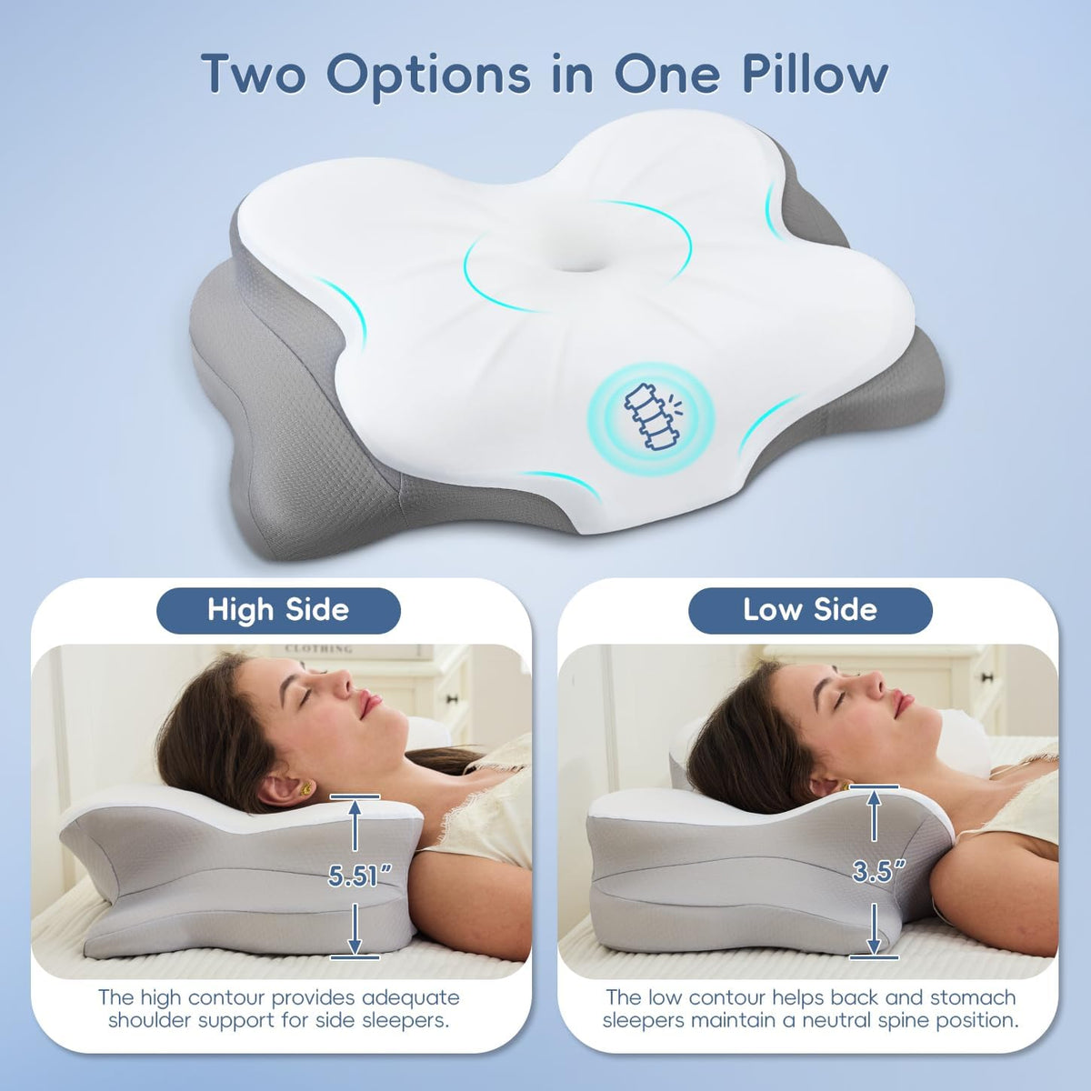Cervical Neck Pillow, Memory Foam Pillow with Dual Height, White