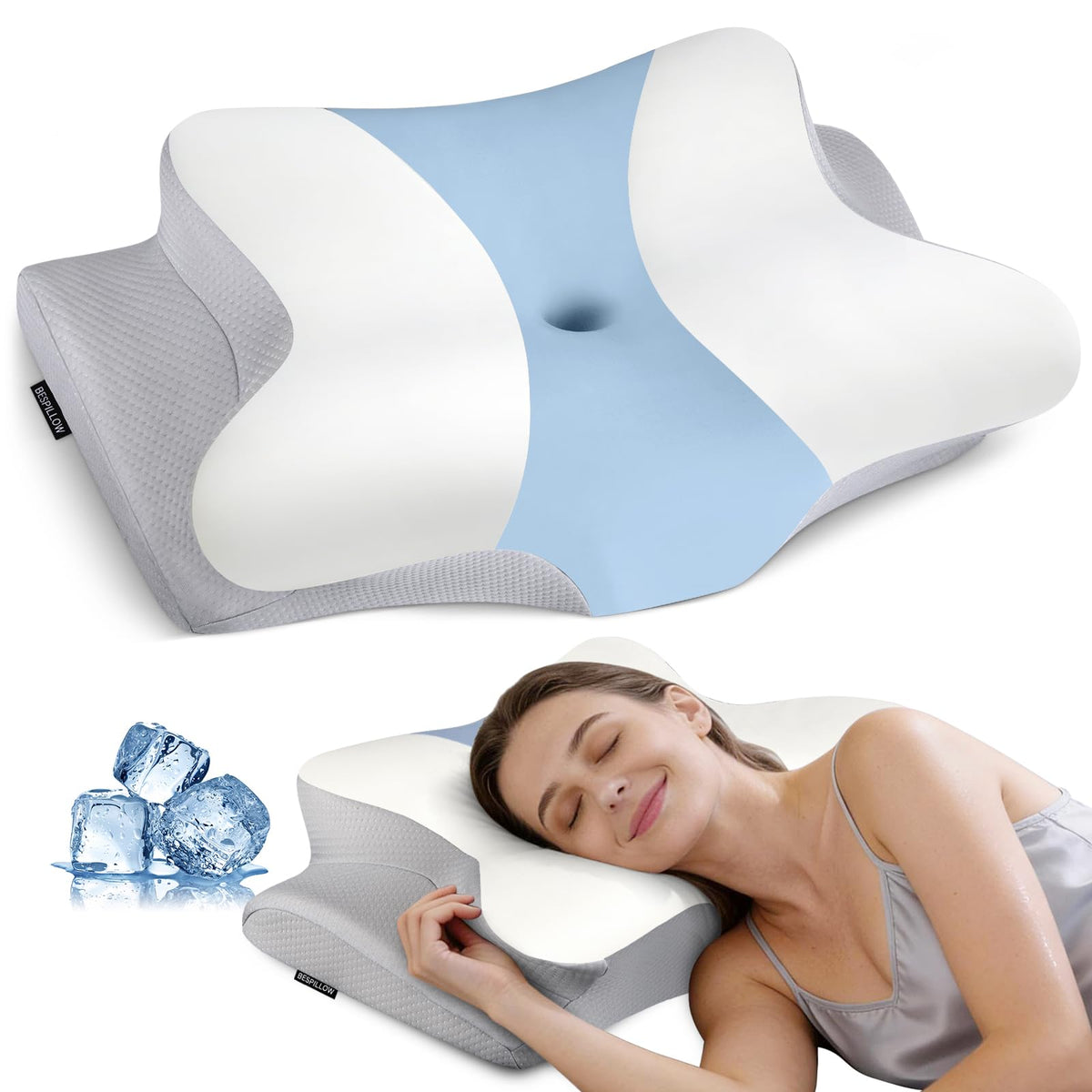 Cervical Pillow for Neck Pain Relief, Ergonomic Neck Pillow for Sleeping, Contour Side Sleeper Pillow for Neck Support, Orthopedic Cooling Memory Foam Pillows for Back Stomach Sleepers (Blue)