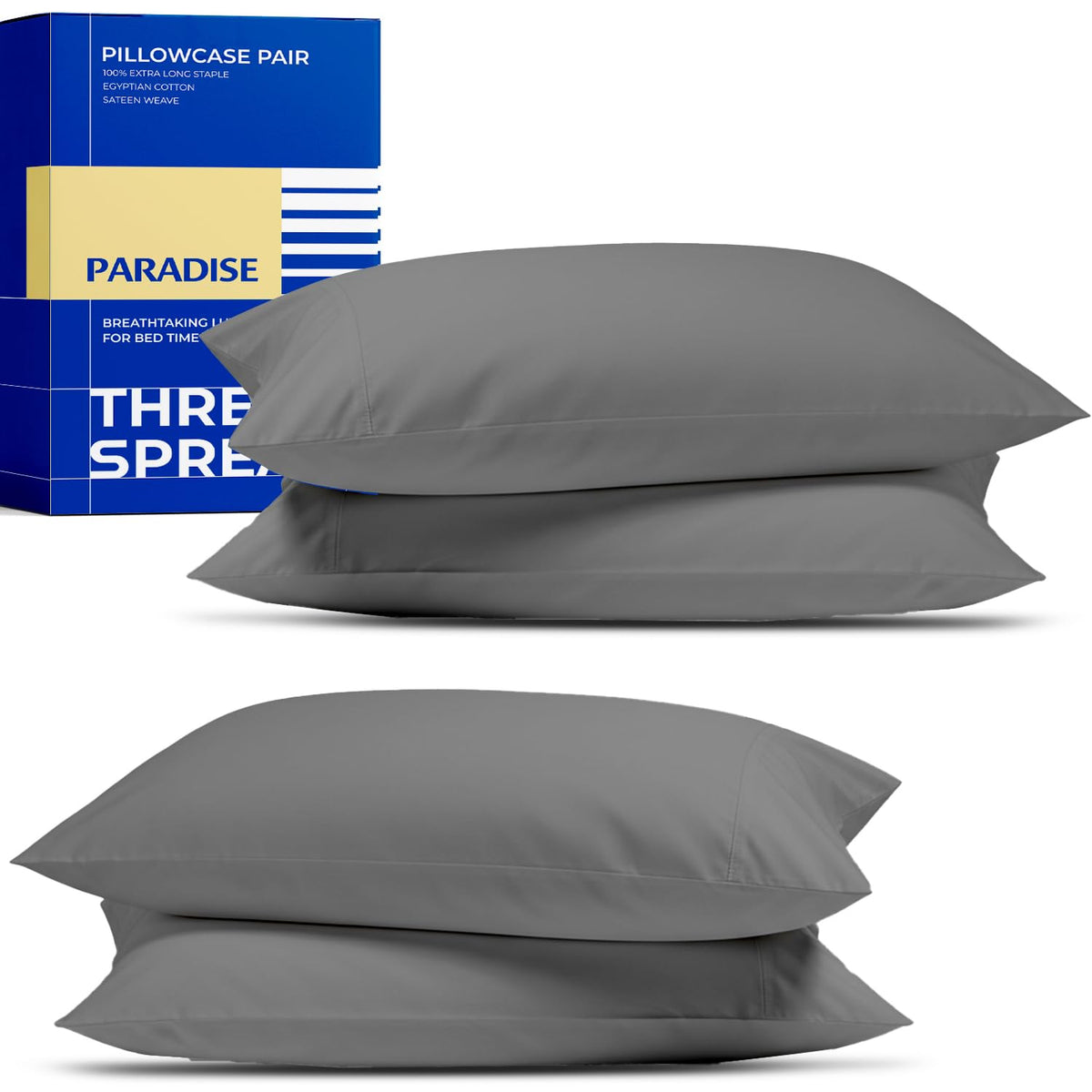 Thread Spread 100% Egyptian Cotton Pillow Cases Queen Size Set of 2 - Luxury 1000 Series Paradise Collection Queen Pillow Cases (White), Soft Cooling Sateen Hotel Egyptian Cotton Pillowcases