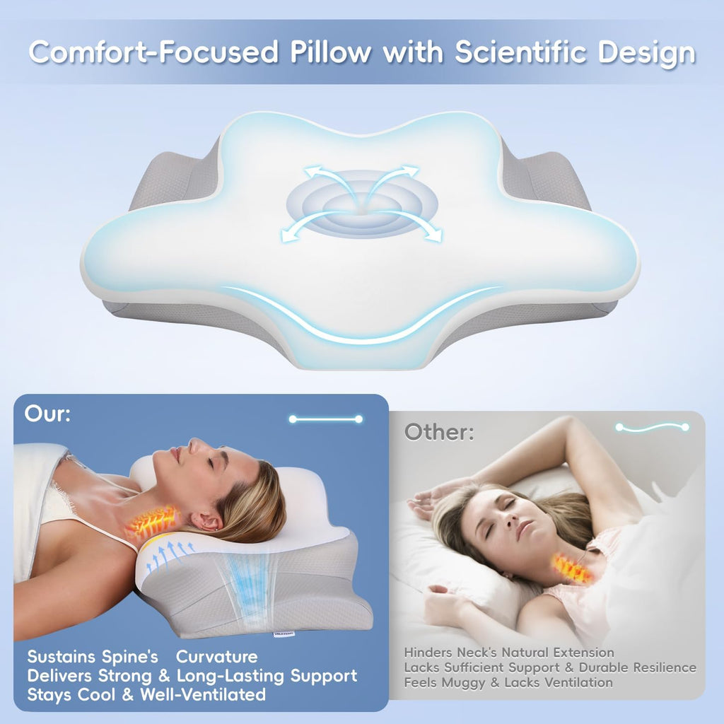 Cervical Neck Pillow, Memory Foam Pillows for Neck and Shoulder Pain Relief, 2 Heights Ergonomic Pillow with Breathable Ice Silk Cover, Neck Support Pillow for Side Sleepers,White