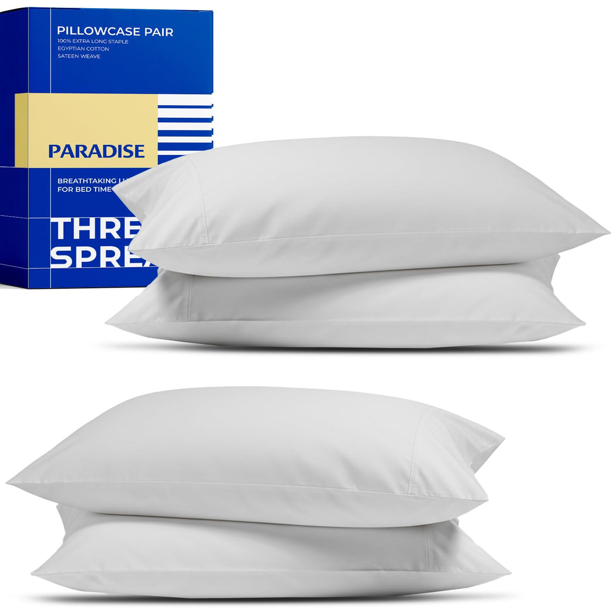 Thread Spread 100% Egyptian Cotton Pillow Cases Queen Size Set of 2 - Luxury 1000 Series Paradise Collection Queen Pillow Cases (White), Soft Cooling Sateen Hotel Egyptian Cotton Pillowcases