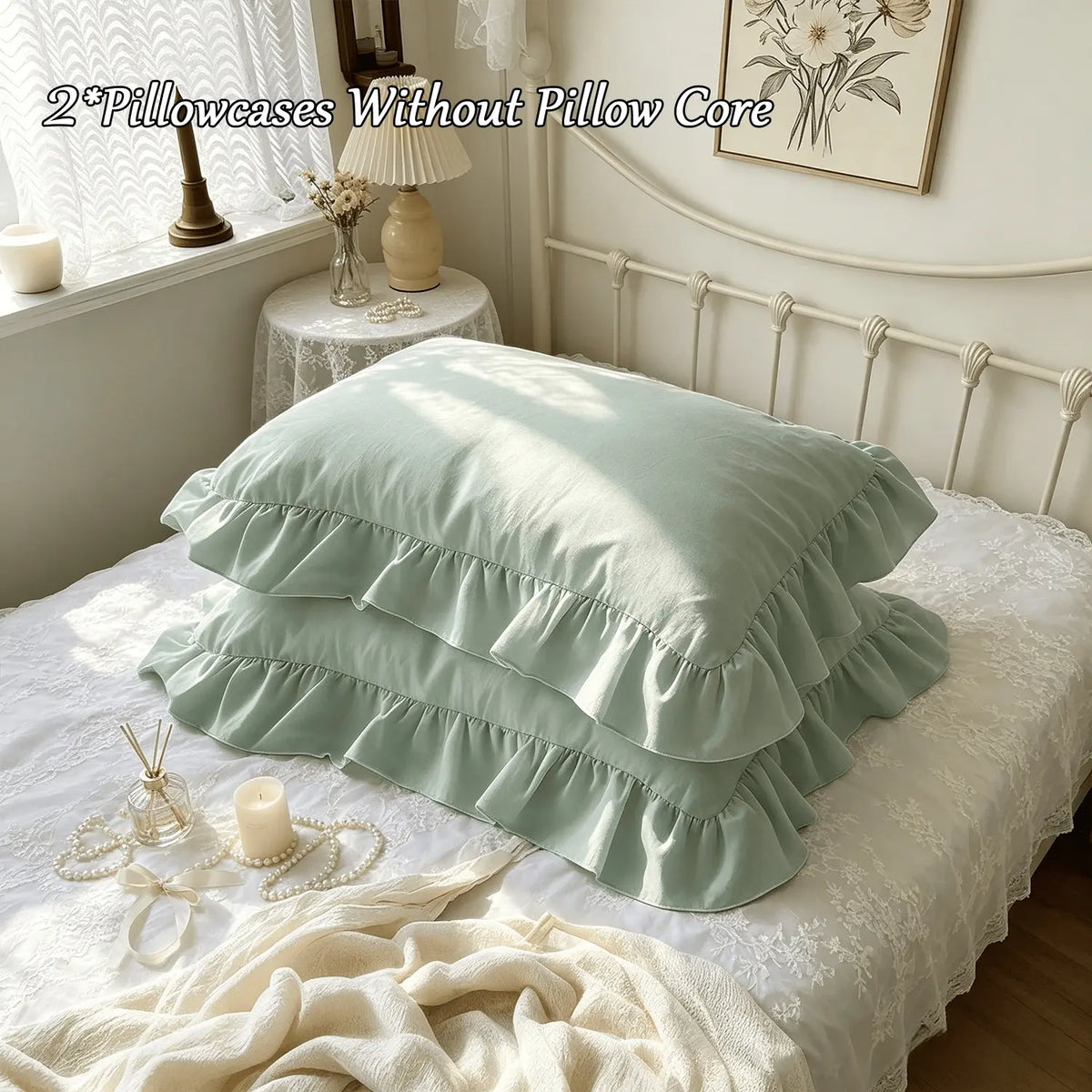 2 Piece French Vintage Ruffled Pillowcases, No pillow core Soft Comfortable Breathable Skin-Friendly, All-Season Use, Bedroom Sofa Home Decor (no Pillows)