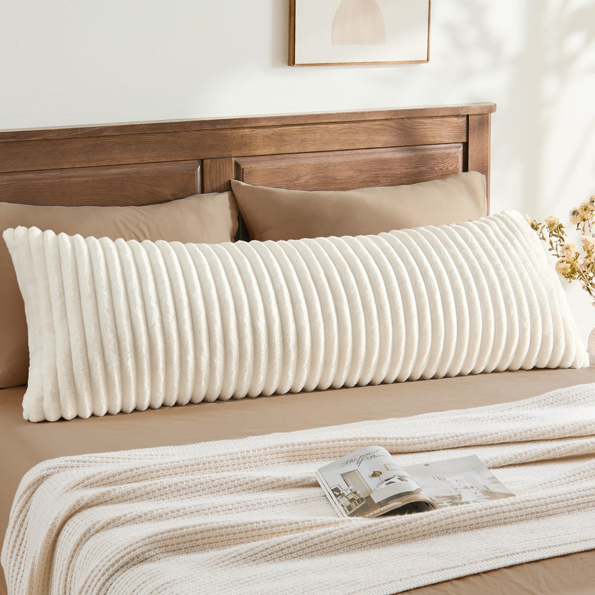 BEDELITE Fluffy Striped Body Pillow Cover with Zipper, Cream White, 20x54