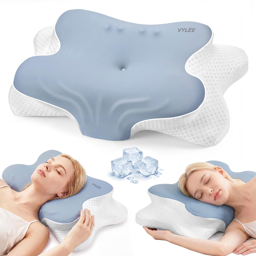 VYLEE Cervical Neck Pillow, Memory Foam Contour Pillow (Blue)