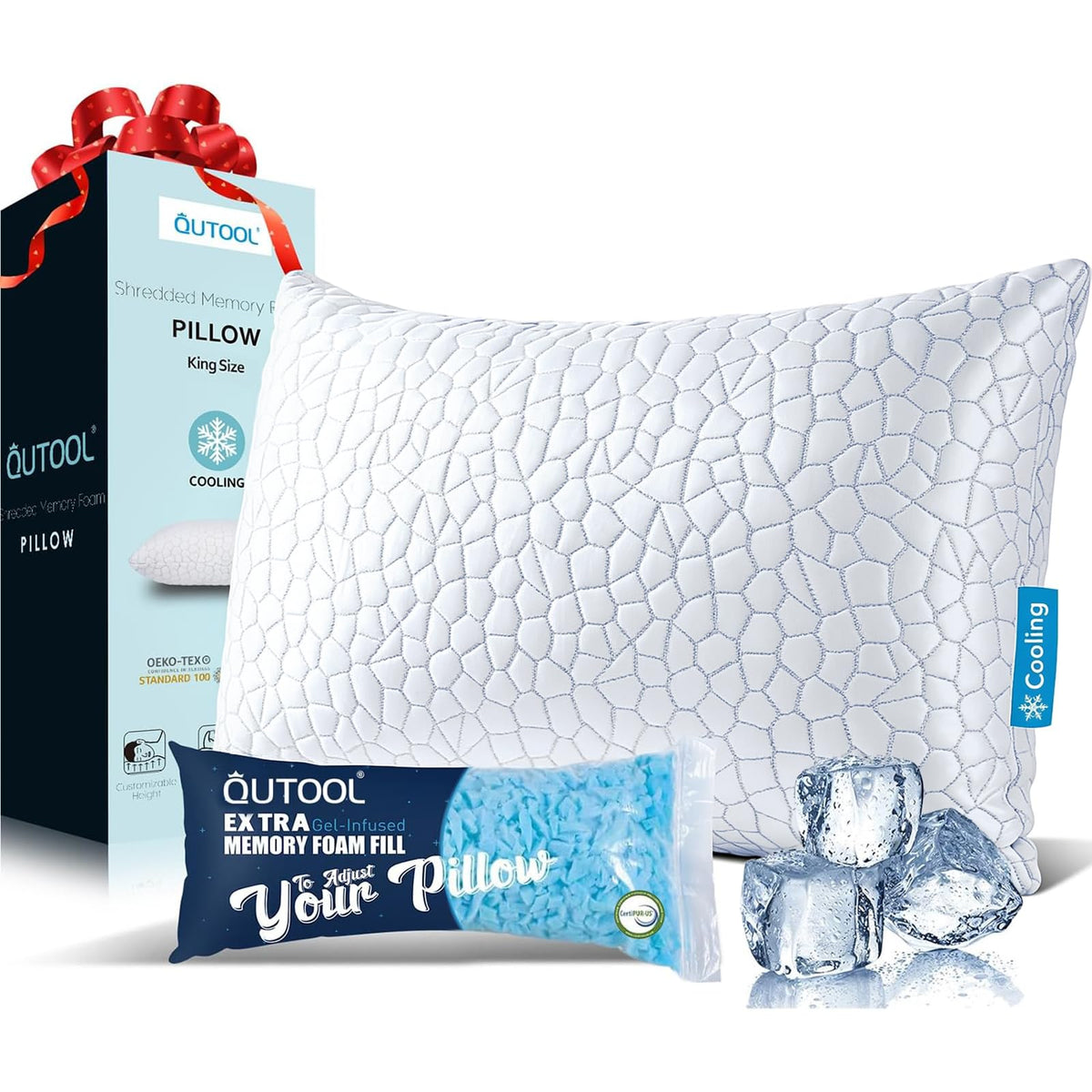 QUTOOL Cooling Pillow for Sleeping, CertiPUR-US Shredded Memory Foam Queen Pillows Set of 2, Cool Pillow for Hot Sleepers Adjustable Firm Pillow for Side, Back, Stomach Sleepers Soft Yet Support,White