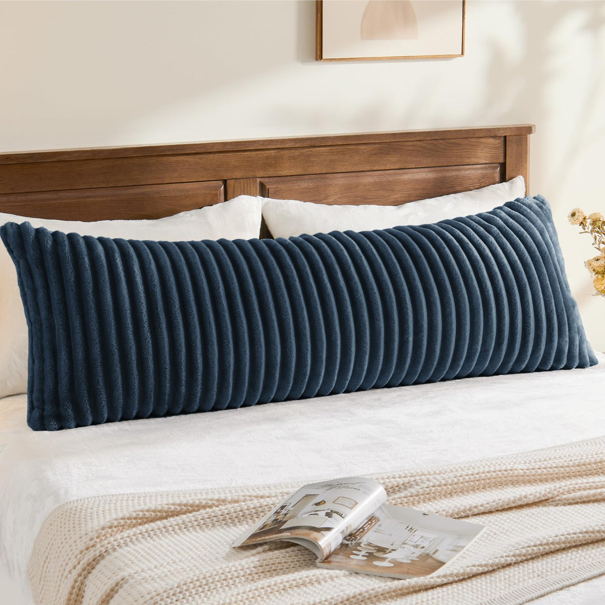 BEDELITE Fluffy Striped Body Pillow Cover with Zipper, Cream White, 20x54