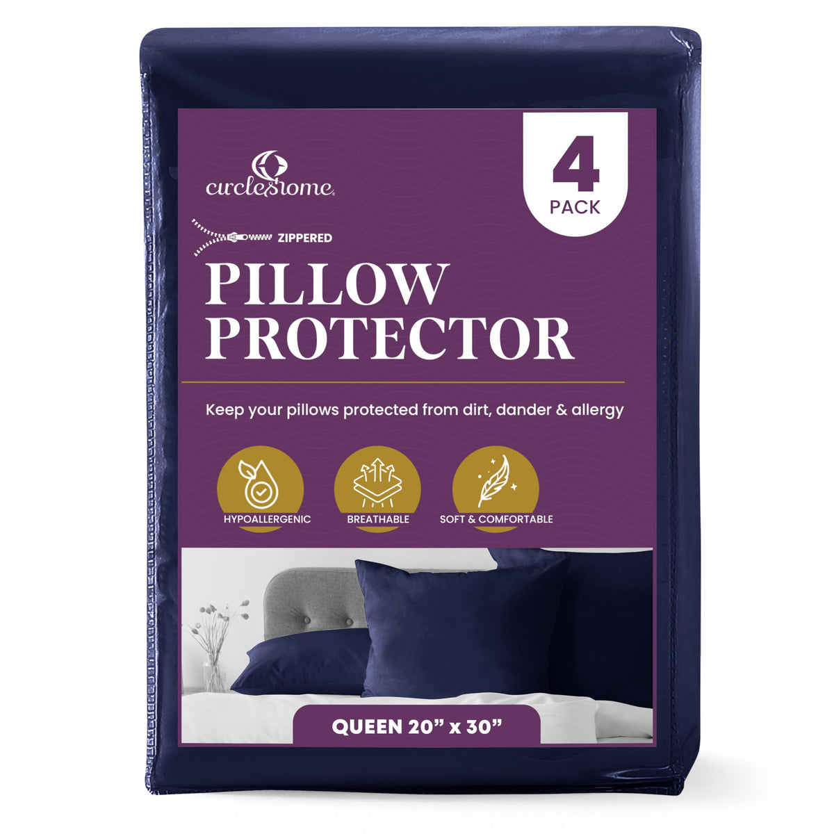 CirclesHome Pillow Protectors 4 Pack Standard Zippered - 100% Cotton Breathable Pillowcases - Protects Pillows from Dirt, Dust and Debri (Standard - Set of 4 - 20x26)