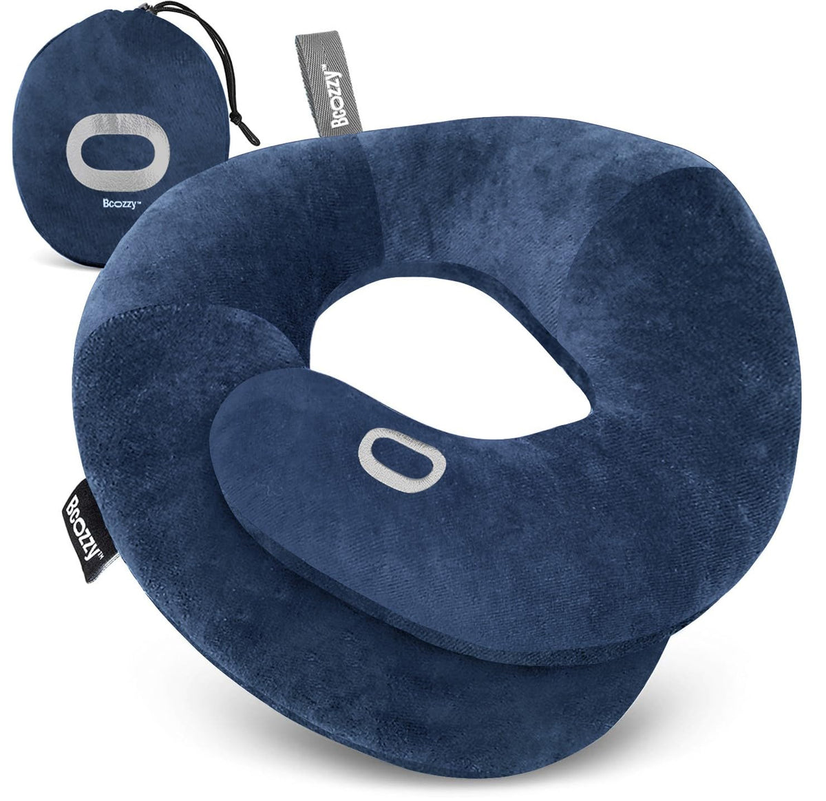 BCOZZY Travel Neck Pillow for Airplane – Patented Double Support for Head, Neck, and Chin. Best for Long Flights, Plane Sleeping, and Car Rides. Adjustable Size. Fully Washable. Carry Bag. Large, Navy