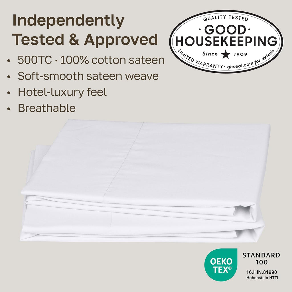 CALIFORNIA DESIGN DEN Soft & Silky 500 Thread Count 100% Cotton is Cool & Smooth, White Pillowcases Queen Size Fits Standard & Queen Pillows (Pure White)