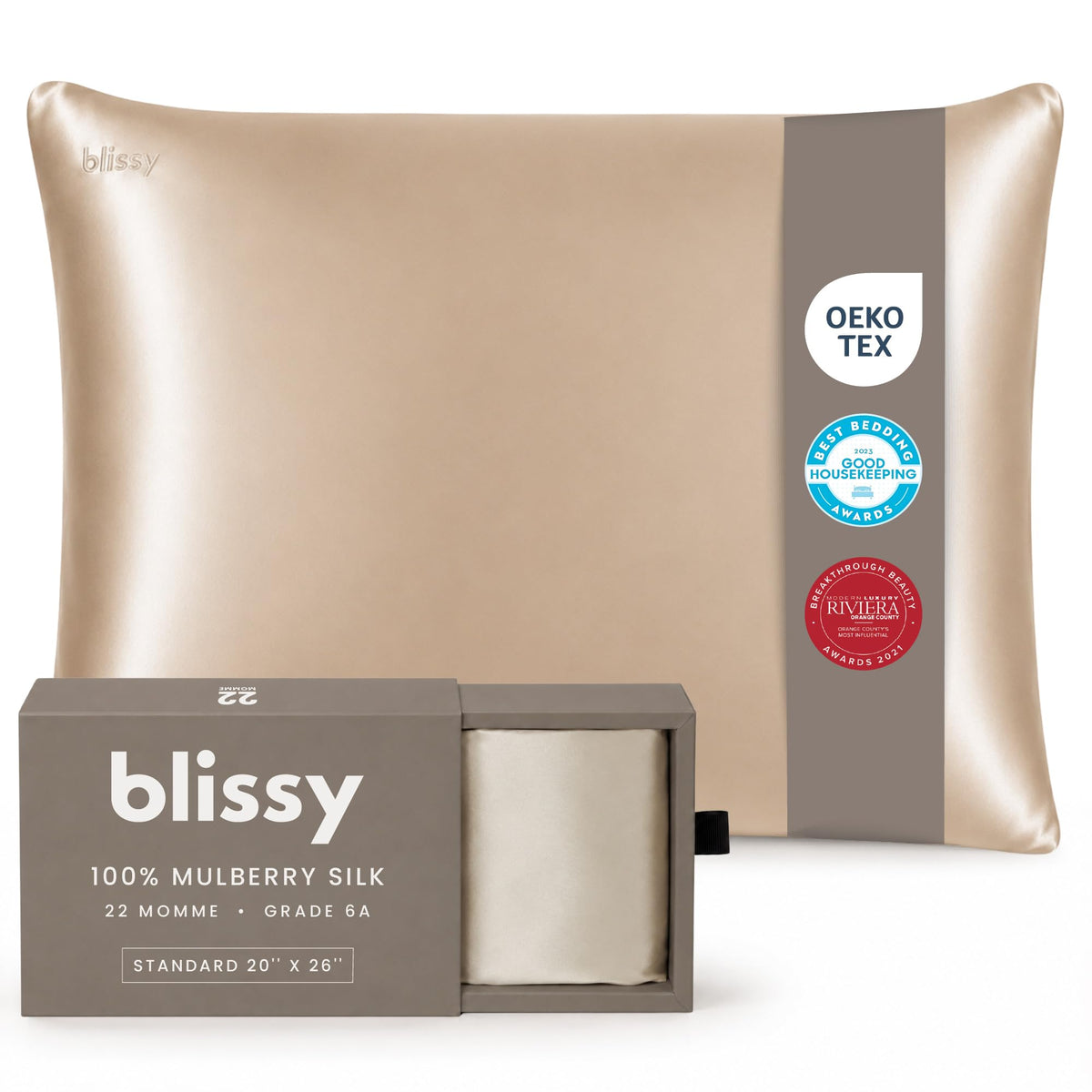 Blissy Silk Pillowcase - 100% Pure Mulberry Silk - 22 Momme 6A High-Grade Fibers - Silk Pillow Cover for Hair & Skin - Regular, Queen & King (Blissy White, Standard)
