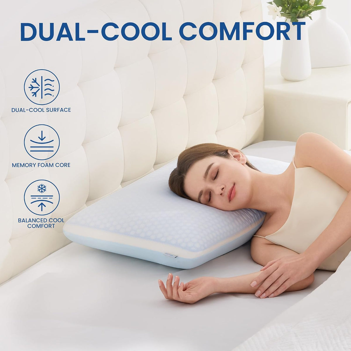 Memory Foam Bed Pillow with Dual Cooling Surfaces and Contouring Support