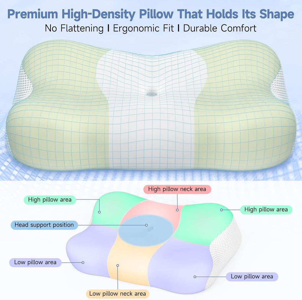 Cervical Neck Pillow Memory Foam Ergonomic Single-Sided High-Low (Green)