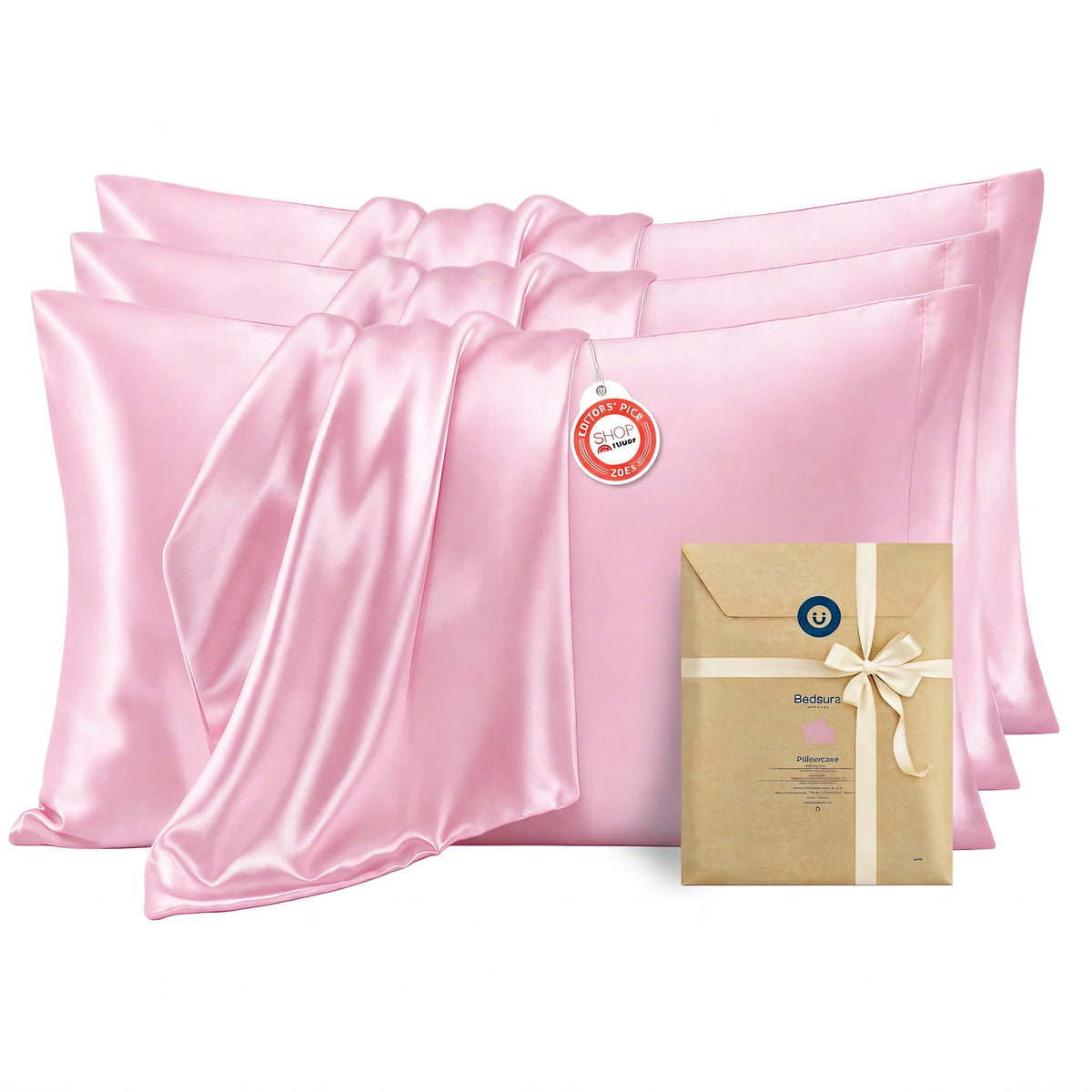 Bedsure Satin Pillowcase Standard Set of 2, Silky Pillow Cases, Beige