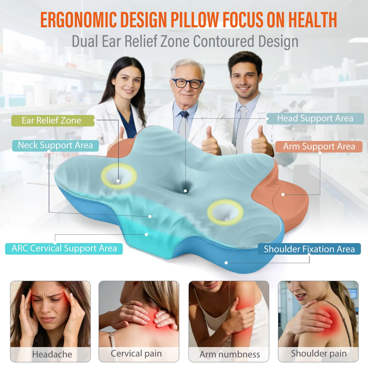 Sleep on Your Side All Night - No Ear Numbness, No Face Marks | Dual Ear Relief Pillow, Ice Silk Satin Cooling Cover, Memory Foam Neck Support, CCidea,sohochic