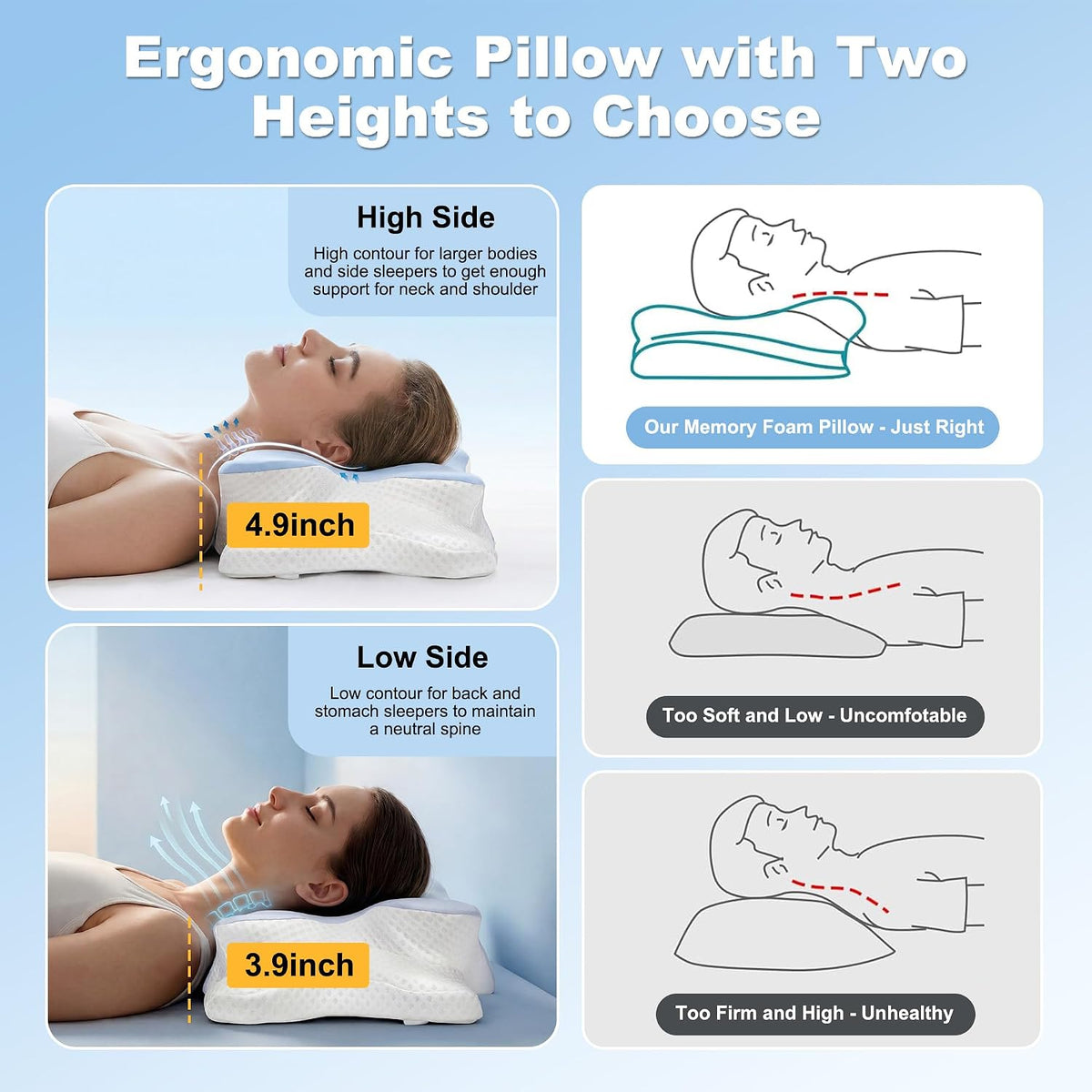 VYLEE Cervical Neck Pillow, Memory Foam Contour Pillow (Blue)