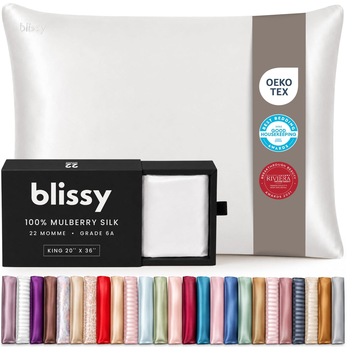Blissy Silk Pillowcase - 100% Pure Mulberry Silk - 22 Momme 6A High-Grade Fibers - Silk Pillow Cover for Hair & Skin - Regular, Queen & King (Blissy White, Standard)