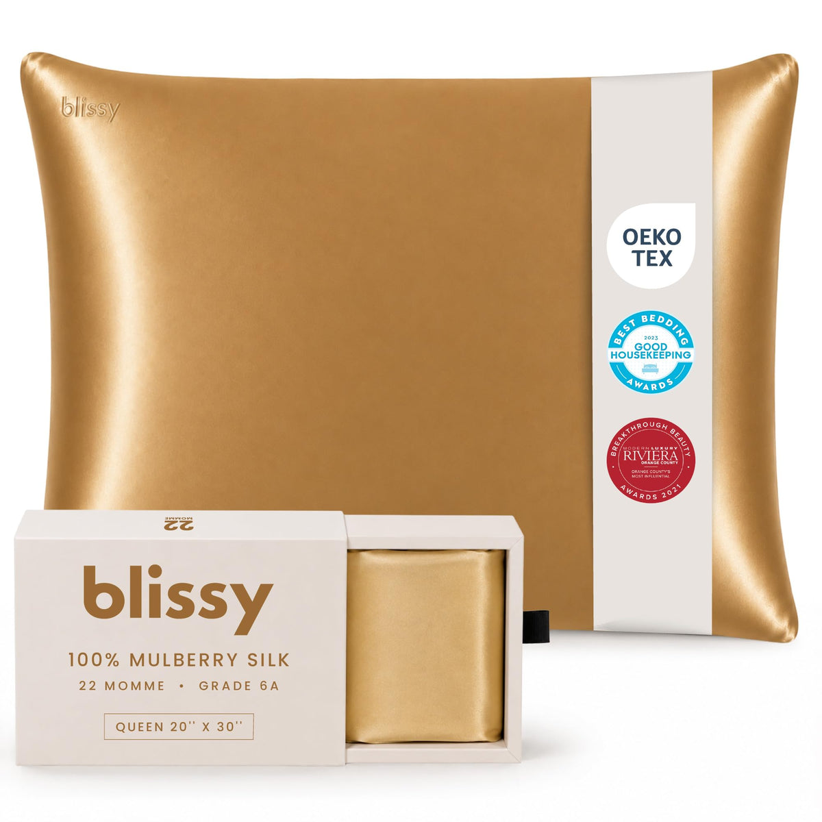 Blissy Silk Pillowcase - 100% Pure Mulberry Silk - 22 Momme 6A High-Grade Fibers - Silk Pillow Cover for Hair & Skin - Regular, Queen & King (Blissy White, Standard)