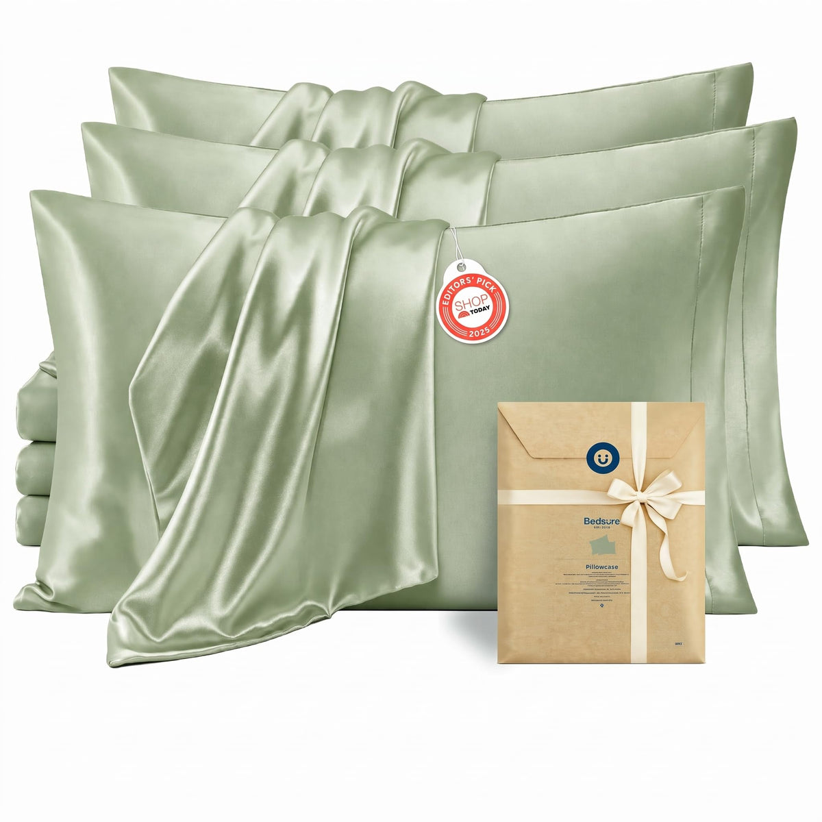 Bedsure Satin Pillowcase Standard Set of 2, Silky Pillow Cases, Beige