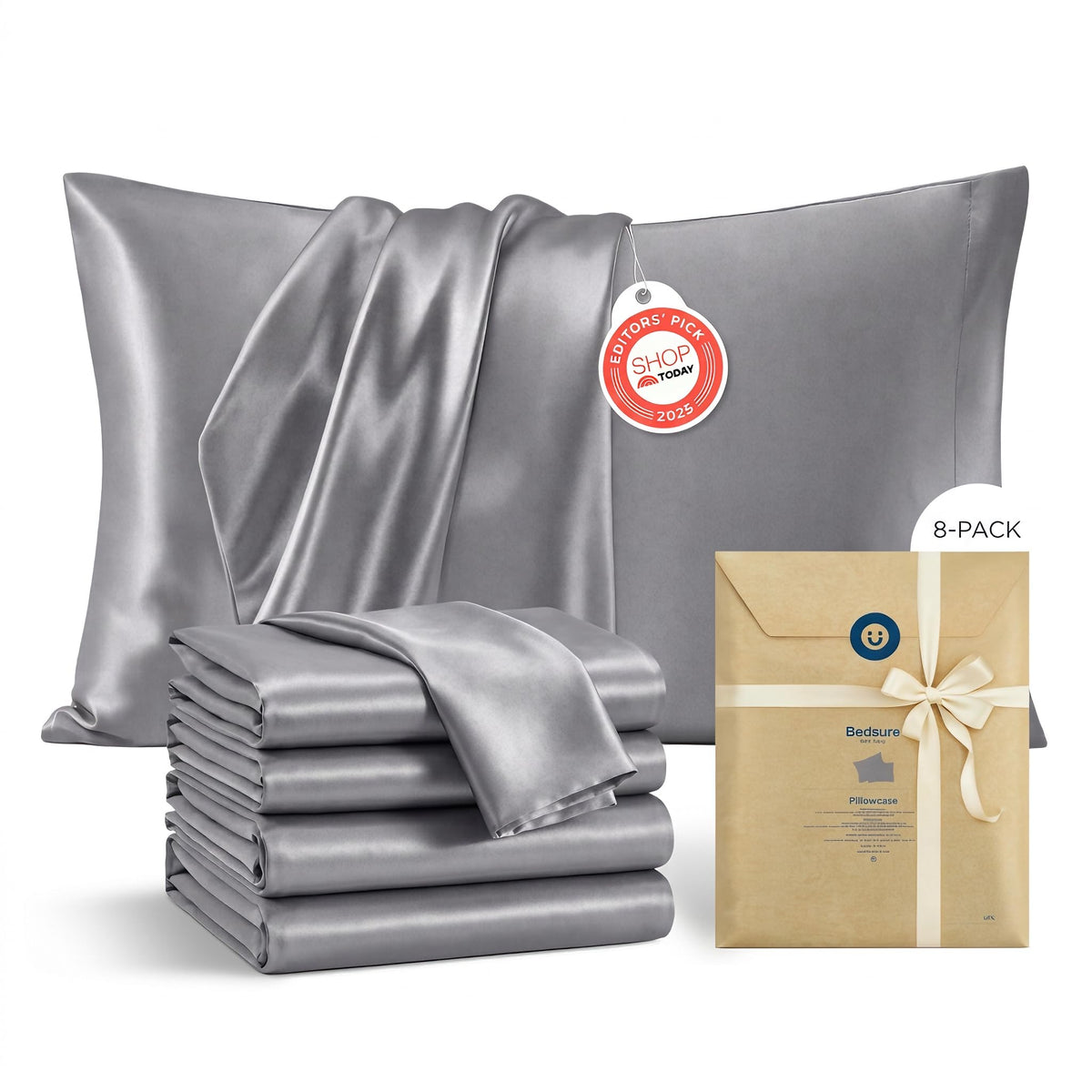 Bedsure Satin Pillowcase Standard Set of 2, Silky Pillow Cases, Beige