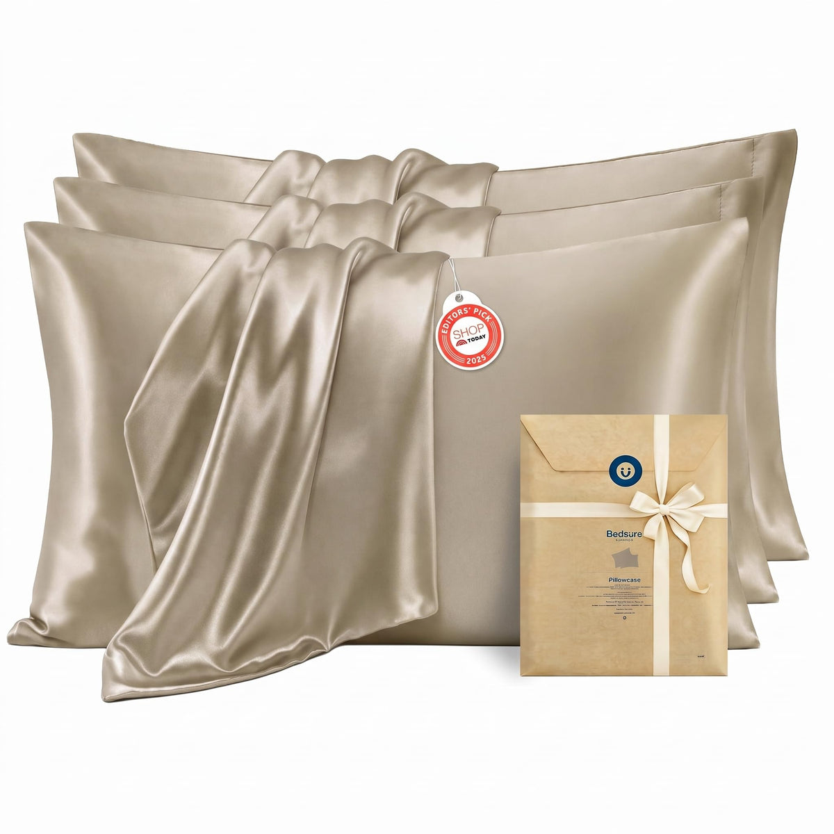 Bedsure Satin Pillowcase Standard Set of 2, Silky Pillow Cases, Beige