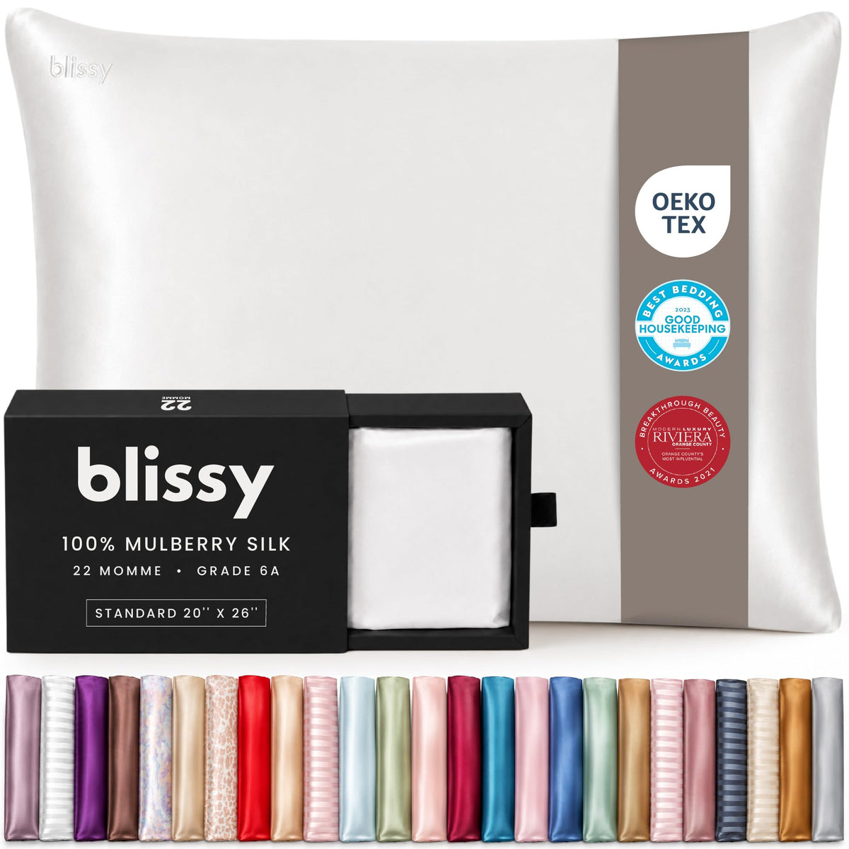 Blissy Silk Pillowcase - 100% Pure Mulberry Silk - 22 Momme 6A High-Grade Fibers - Silk Pillow Cover for Hair & Skin - Regular, Queen & King (Blissy White, Standard)